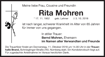 Traueranzeige von Rita Mohren von Gesamtausgabe Nürnberger Nachrichten/ Nürnberger Ztg.
