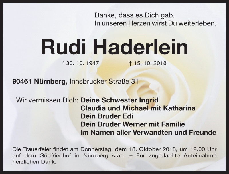  Traueranzeige für Rudi Haderlein vom 17.10.2018 aus Gesamtausgabe Nürnberger Nachrichten/ Nürnberger Ztg.
