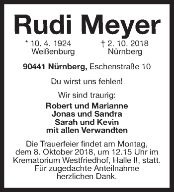 Traueranzeige von Rudi Meyer von Gesamtausgabe Nürnberger Nachrichten/ Nürnberger Ztg.