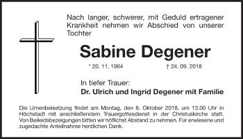 Traueranzeige von Sabine Degener von Nordbayerische Nachrichten Herzogenaurach Lokal