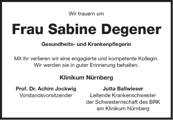 Traueranzeige von Sabine Degener von Gesamtausgabe Nürnberger Nachrichten/ Nürnberger Ztg.