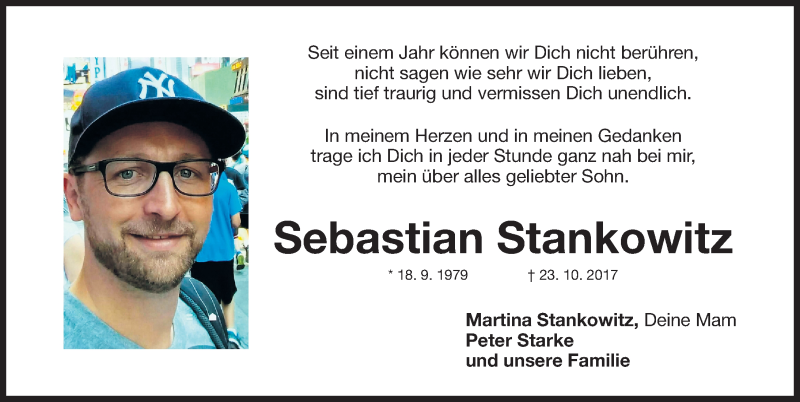  Traueranzeige für Sebastian Stankowitz vom 23.10.2018 aus Erlanger Nachrichten Lokal