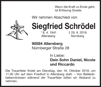 Traueranzeige von Siegfried Schrödel von Roth-Hilpoltsteiner Volkszeitung Lokal