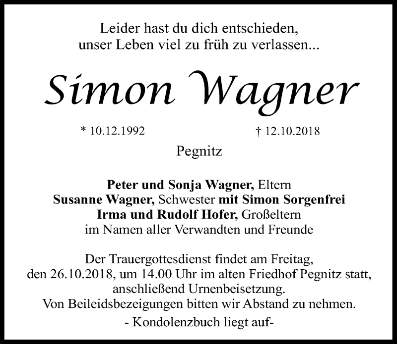  Traueranzeige für Simon Wagner vom 24.10.2018 aus Nordbayerische Nachrichten Pegnitz Lokal
