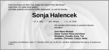 Traueranzeige von Sonja Halencek von Gesamtausgabe Nürnberger Nachrichten/ Nürnberger Ztg.