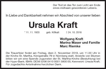 Traueranzeige von Ursula Kraft von Gesamtausgabe Nürnberger Nachrichten/ Nürnberger Ztg.