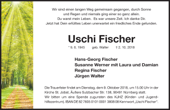 Traueranzeige von Uschi Fischer von Gesamtausgabe Nürnberger Nachrichten/ Nürnberger Ztg.