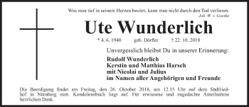 Traueranzeige von Ute Wunderlich von Gesamtausgabe Nürnberger Nachrichten/ Nürnberger Ztg.