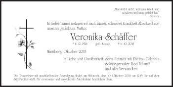 Traueranzeige von Veronika Schäffer von Gesamtausgabe Nürnberger Nachrichten/ Nürnberger Ztg.