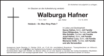 Traueranzeige von Walburga Hafner von Roth-Hilpoltsteiner Volkszeitung Lokal