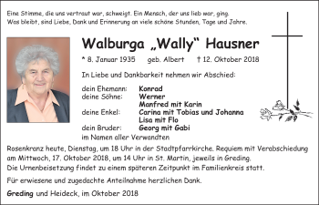 Traueranzeige von Walburga Hausner von Roth-Hilpoltsteiner Volkszeitung Lokal