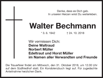 Traueranzeige von Walter Bechmann von Gesamtausgabe Nürnberger Nachrichten/ Nürnberger Ztg.
