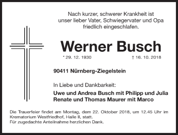 Traueranzeige von Werner Busch von Gesamtausgabe Nürnberger Nachrichten/ Nürnberger Ztg.