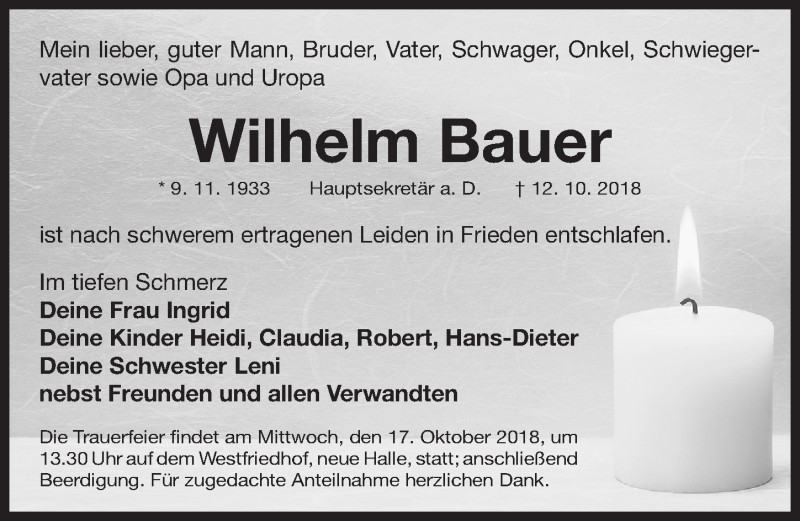  Traueranzeige für Wilhelm Bauer vom 15.10.2018 aus Gesamtausgabe Nürnberger Nachrichten/ Nürnberger Ztg.