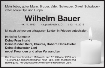 Traueranzeige von Wilhelm Bauer von Gesamtausgabe Nürnberger Nachrichten/ Nürnberger Ztg.