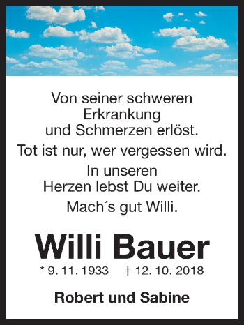 Traueranzeige von Willi Bauer von Gesamtausgabe Nürnberger Nachrichten/ Nürnberger Ztg.