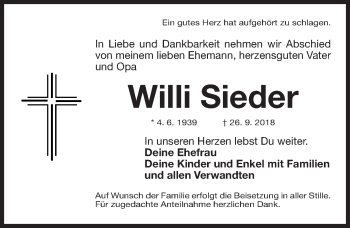 Traueranzeige von Willi Sieder von Fürther Nachrichten Lokal
