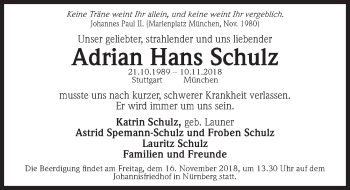 Traueranzeige von Adrian Hans Schulz von Gesamtausgabe Nürnberger Nachrichten/ Nürnberger Ztg.
