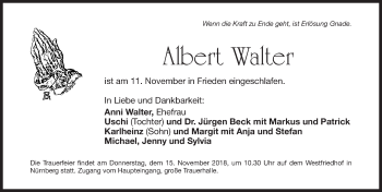 Traueranzeige von Albert Walter von Gesamtausgabe Nürnberger Nachrichten/ Nürnberger Ztg.