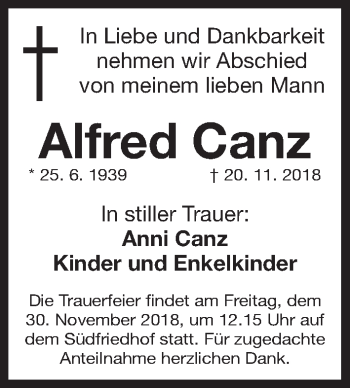 Traueranzeige von Alfred Canz von Gesamtausgabe Nürnberger Nachrichten/ Nürnberger Ztg.