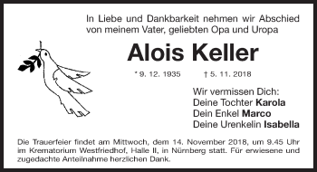Traueranzeige von Alois Keller von Gesamtausgabe Nürnberger Nachrichten/ Nürnberger Ztg.