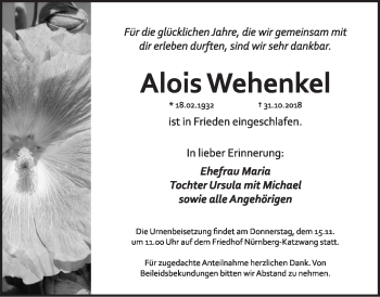 Traueranzeige von Alois Wehenkel von Gesamtausgabe Nürnberger Nachrichten/ Nürnberger Ztg.