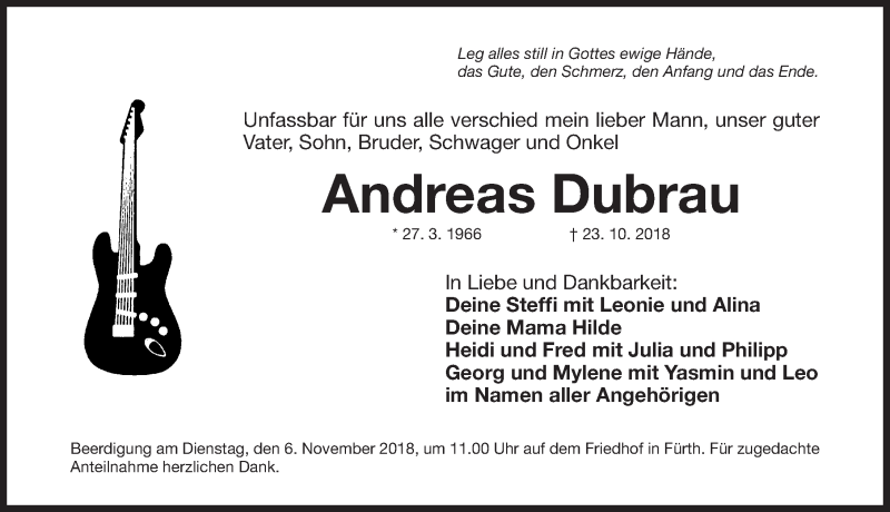  Traueranzeige für Andreas Dubrau vom 03.11.2018 aus Fürther Nachrichten Lokal