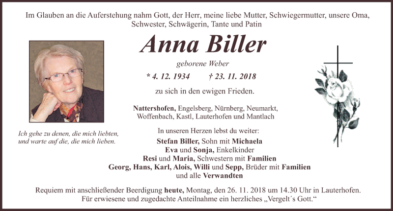  Traueranzeige für Anna Biller vom 26.11.2018 aus Neumarkter Nachrichten Lokal