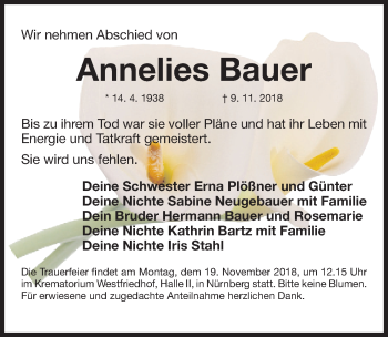 Traueranzeige von Annelies Bauer von Gesamtausgabe Nürnberger Nachrichten/ Nürnberger Ztg.