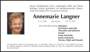 Traueranzeige von Annemarie Langner von Gesamtausgabe Nürnberger Nachrichten/ Nürnberger Ztg.