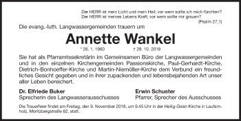 Traueranzeige von Annette Wankel von Gesamtausgabe Nürnberger Nachrichten/ Nürnberger Ztg.