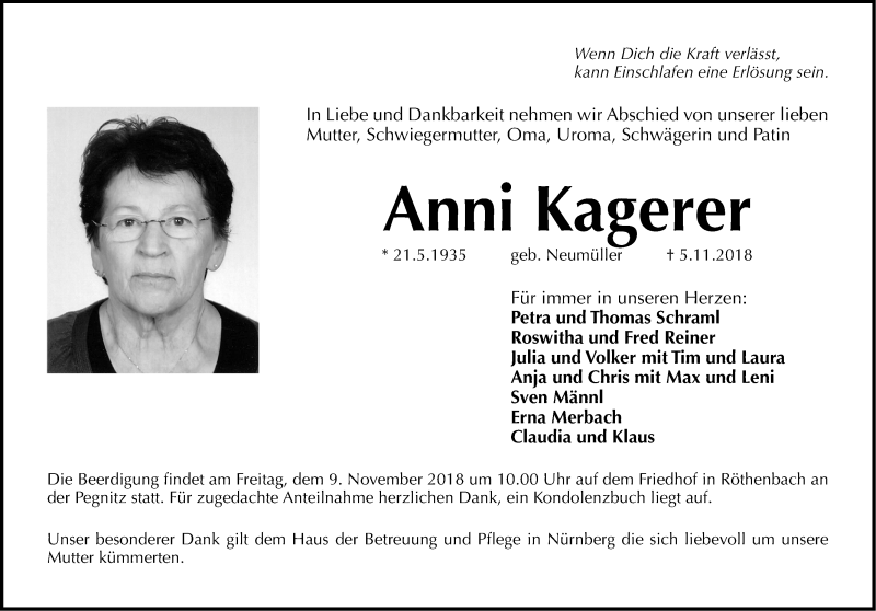  Traueranzeige für Anni Kagerer vom 07.11.2018 aus Gesamtausgabe Nürnberger Nachrichten/ Nürnberger Ztg.