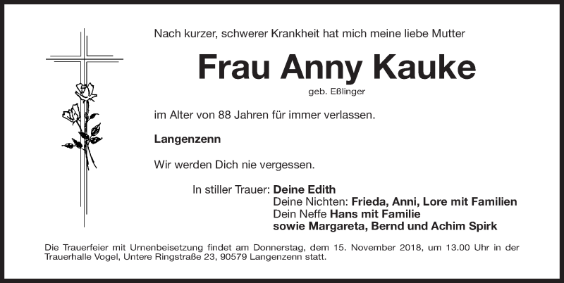  Traueranzeige für Anny Kauke vom 12.11.2018 aus Fürther Nachrichten Lokal