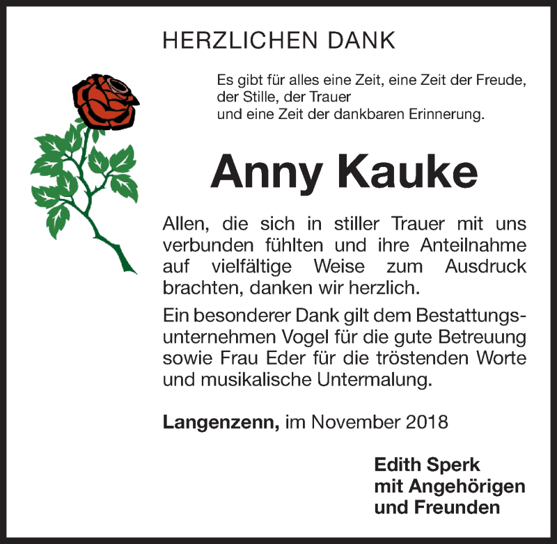  Traueranzeige für Anny Kauke vom 24.11.2018 aus Fürther Nachrichten Lokal