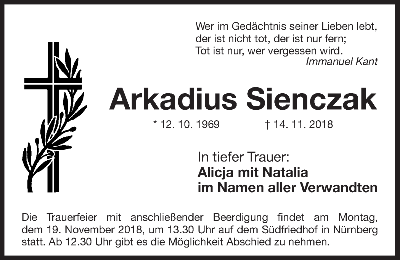  Traueranzeige für Arkadius Sienczak vom 17.11.2018 aus Gesamtausgabe Nürnberger Nachrichten/ Nürnberger Ztg.