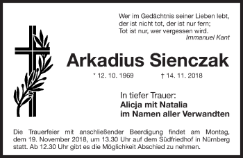 Traueranzeige von Arkadius Sienczak von Gesamtausgabe Nürnberger Nachrichten/ Nürnberger Ztg.