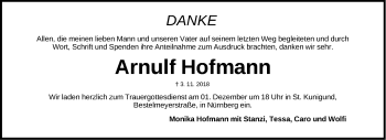 Traueranzeige von Arnulf Hofmann von Gesamtausgabe Nürnberger Nachrichten/ Nürnberger Ztg.