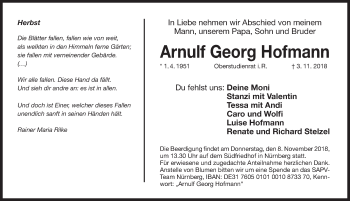 Traueranzeige von Arnulf Georg Hofmann von Gesamtausgabe Nürnberger Nachrichten/ Nürnberger Ztg.