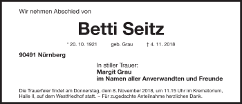 Traueranzeige von Betti Seitz von Gesamtausgabe Nürnberger Nachrichten/ Nürnberger Ztg.