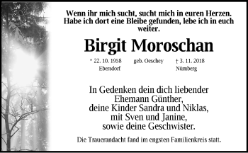 Traueranzeige von Birgit Moroschan von Gesamtausgabe Nürnberger Nachrichten/ Nürnberger Ztg.