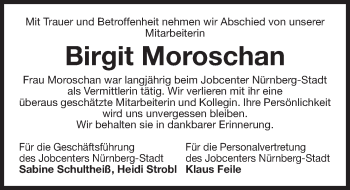 Traueranzeige von Birgit Moroschan von Gesamtausgabe Nürnberger Nachrichten/ Nürnberger Ztg.