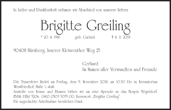 Traueranzeige von Brigitte Greiling von Gesamtausgabe Nürnberger Nachrichten/ Nürnberger Ztg.