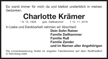Traueranzeige von Charlotte Krämer von Gesamtausgabe Nürnberger Nachrichten/ Nürnberger Ztg.