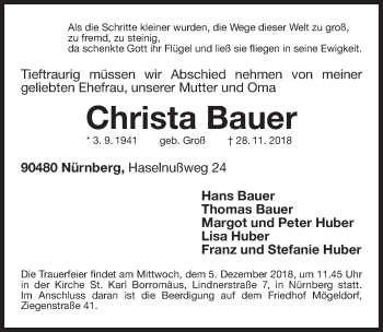 Traueranzeige von Christa Bauer von Gesamtausgabe Nürnberger Nachrichten/ Nürnberger Ztg.