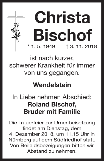 Traueranzeige von Christa Bischof von Gesamtausgabe Nürnberger Nachrichten/ Nürnberger Ztg.