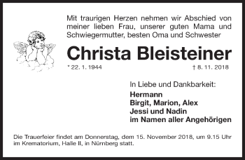 Traueranzeige von Christa Bleisteiner von Gesamtausgabe Nürnberger Nachrichten/ Nürnberger Ztg.