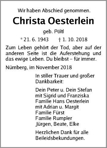 Traueranzeige von Christa Oesterlein von Gesamtausgabe Nürnberger Nachrichten/ Nürnberger Ztg.