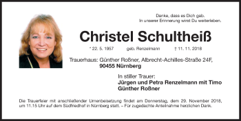 Traueranzeige von Christel Schultheiß von Gesamtausgabe Nürnberger Nachrichten/ Nürnberger Ztg.