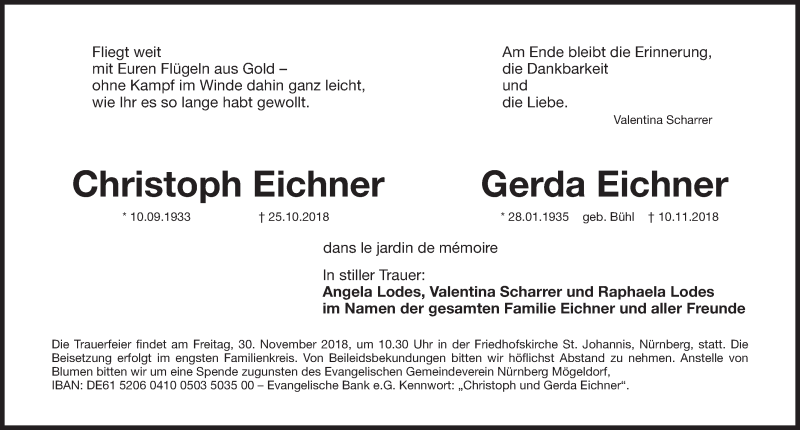  Traueranzeige für Christoph und Gerda Eichner  vom 24.11.2018 aus Gesamtausgabe Nürnberger Nachrichten/ Nürnberger Ztg.