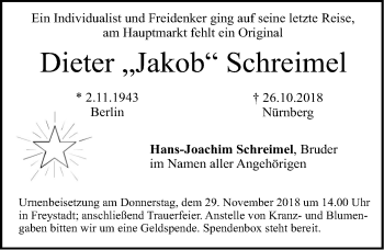 Traueranzeige von Dieter Jakob Schreimel von Nürnberger Zeitung